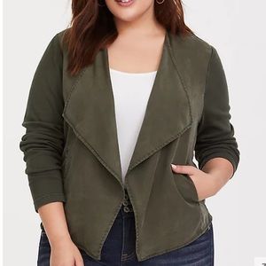 OLIVE KNIT TO WOVEN DRAPE JACKET